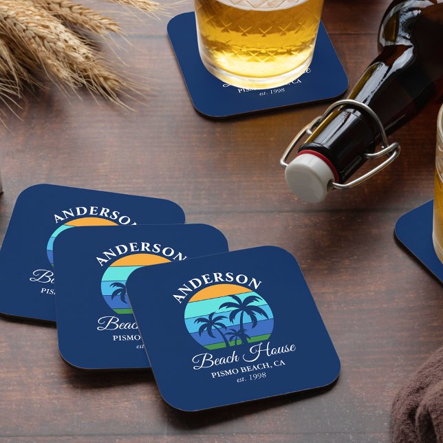 Family Name Beach House Sun Palm Trees Blue Square Paper Coaster (Customize to change text size, style or background color.)
