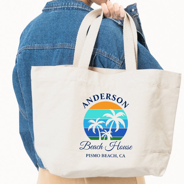 Family Name Beach House Sun Palm Trees Large Tote Bag (Choose from several styles and sizes.)