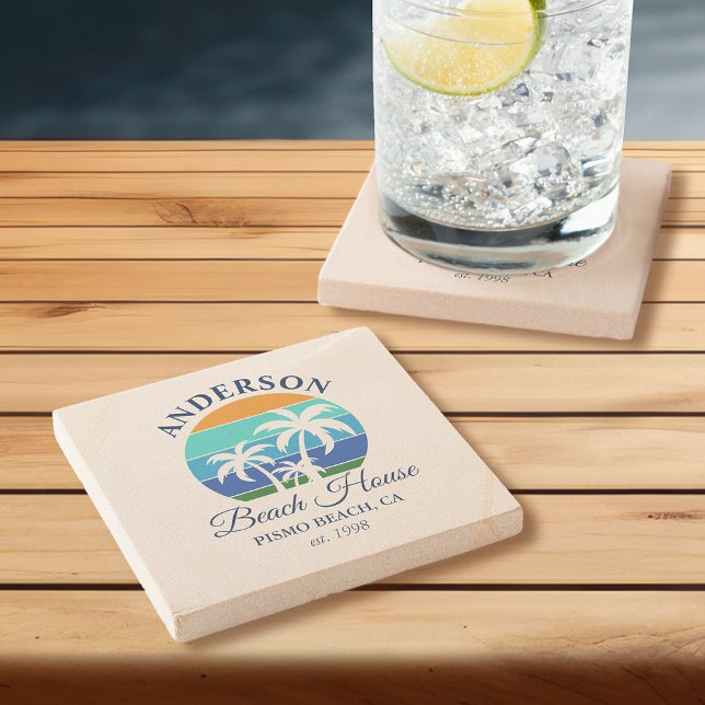 Family Name Beach House Sun Palm Trees Stone Coaster (Customize to change text size or text style.)