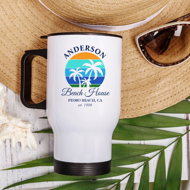 Family Name Beach House Sun Palm Trees Travel Mug (Customize to change text size, color or text style.)