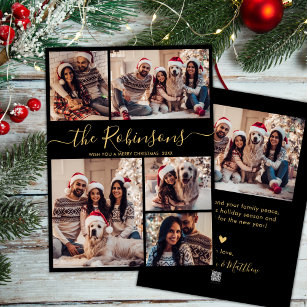 Family Name Black Gold 5 Photo Collage Christmas  Holiday Card