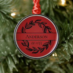 Family Name Black Red Leaf Christmas Metal Ornam Tree Decoration