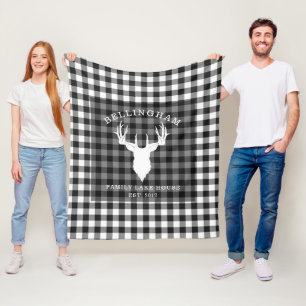 Family Name Black White Gingham Plaid Lake House Fleece Blanket