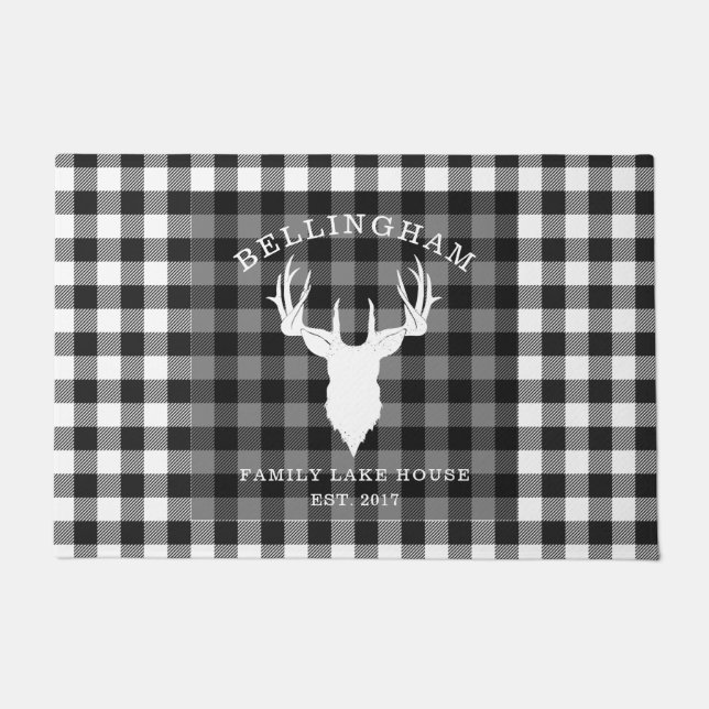 Family Name Black White Lake House Gingham Plaid Doormat (Front)