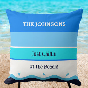 Family Name Blue Stripes Chillin Beach House Cushion