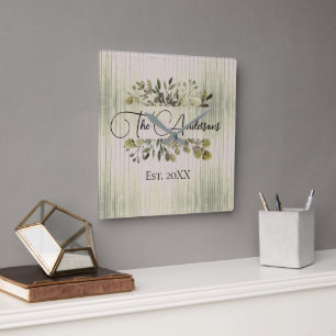 Family Name Botanical Watercolor on Rustic Wood Square Wall Clock