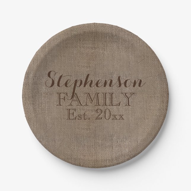 Family Name Burlap Rustic Paper Plate (Front)