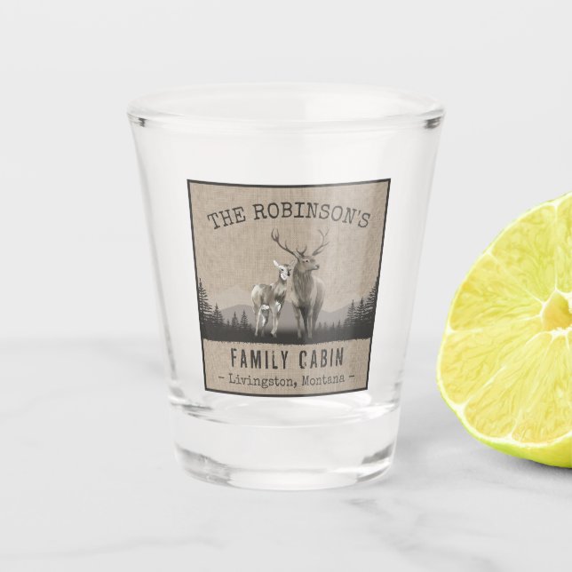 Family Name Cabin Deer Pine Tree Forest Burlap Shot Glass (Front)