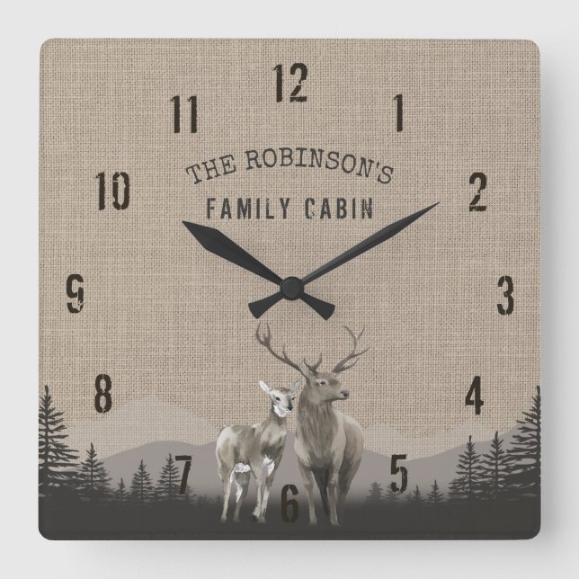 Family Name Cabin Deer Pine Tree Forest Burlap Square Wall Clock (Front)