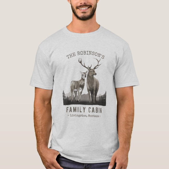 Family Name Cabin Deer Pine Tree Forest Light Grey T-Shirt (Front)