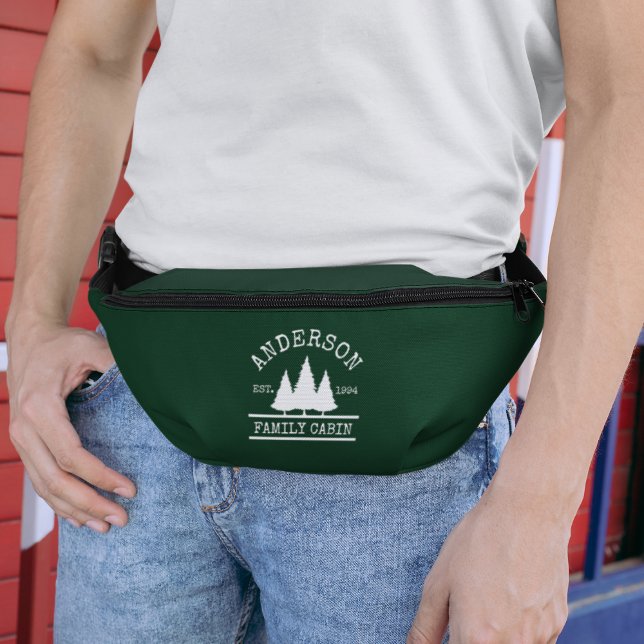 Family Name Cabin Forest Green with Pines Bum Bags (Customize to change text size, style or background color.)
