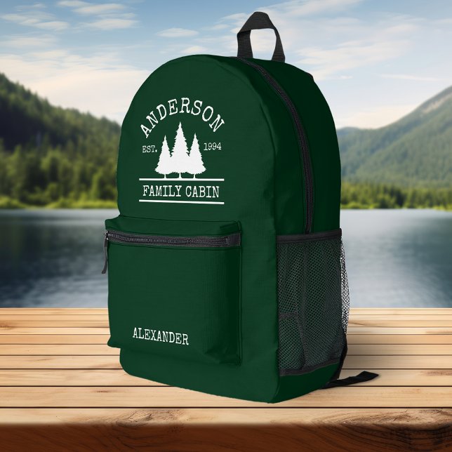 Family Name Cabin Forest Green with Pines Printed Backpack (Customize change text size or text style.)