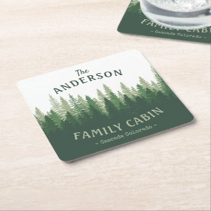 Family Name Cabin Location Pine Tree Forest Square Paper Coaster