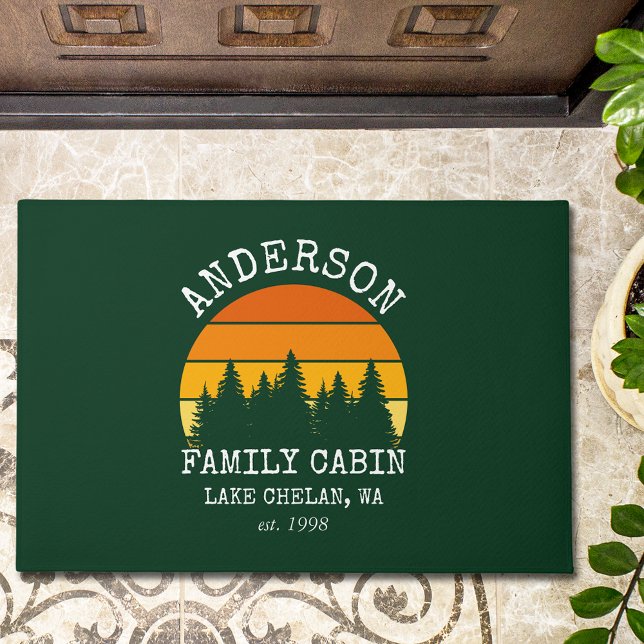Family Name Cabin Pine Trees Sunset Doormat (Customize to change text size or text style.)