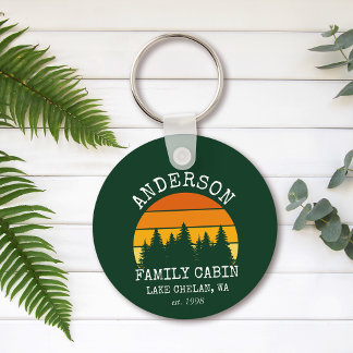 Family Name Cabin Pine Trees Sunset Green Key Ring