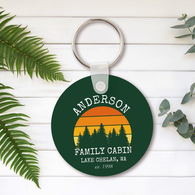 Family Name Cabin Pine Trees Sunset Green Key Ring (Customize to change text size or text style.)