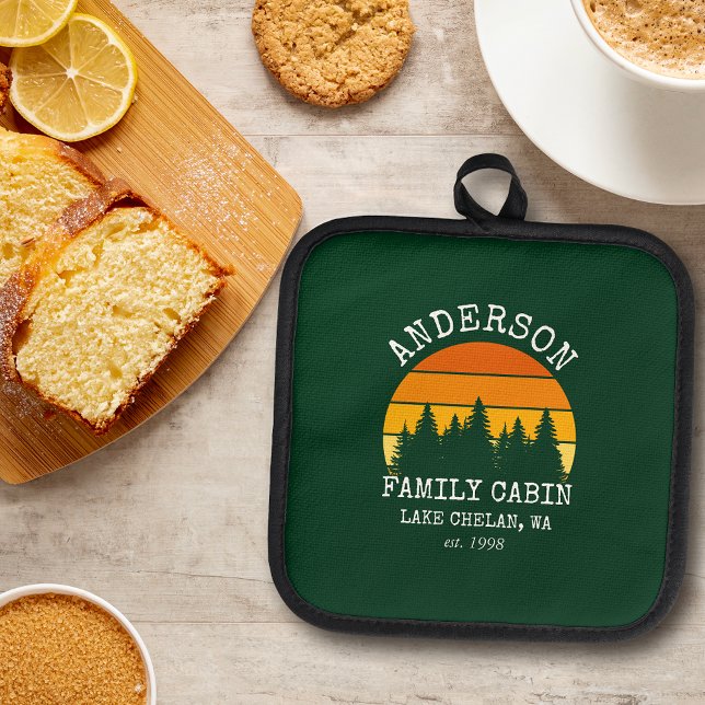 Family Name Cabin Pine Trees Sunset Green Pot Holder (A great addition to your kitchen.)