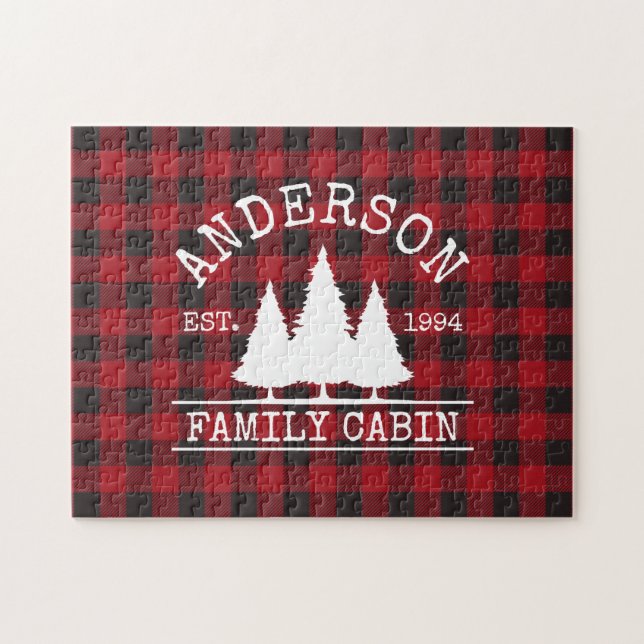 Family Name Cabin Red Buffalo Plaid Pine Trees Jigsaw Puzzle (Horizontal)
