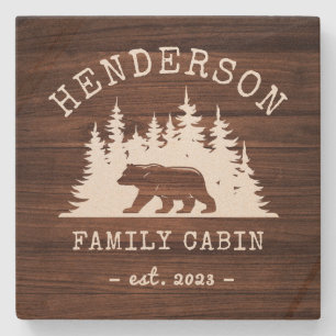 Family Name Cabin Rustic Bear Wood  Stone Coaster