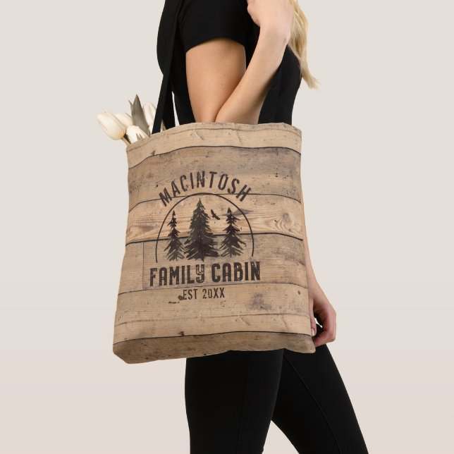 Family Name Cabin Rustic Wood Personalised Tote Bag (Close Up)