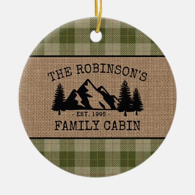 Family Name Cabin Trees Sage Green Plaid Burlap Ceramic Tree Decoration (Front)