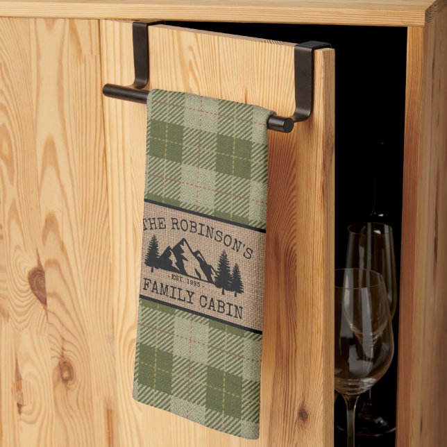 Family Name Cabin Trees Sage Green Plaid Burlap Tea Towel (Thirds Fold)