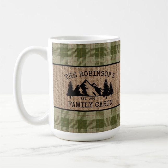 Family Name Cabin Trees Sage Plaid Burlap Large Coffee Mug (Left)