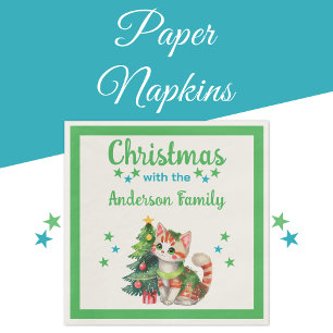 Family name cat tree green blue Christmas Napkin