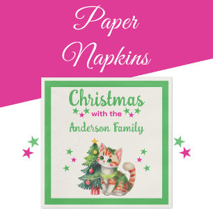 Family name cat tree green pink Christmas Napkin