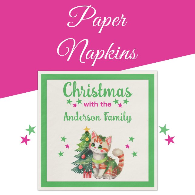Family name cat tree green pink Christmas Napkin (Creator Uploaded)
