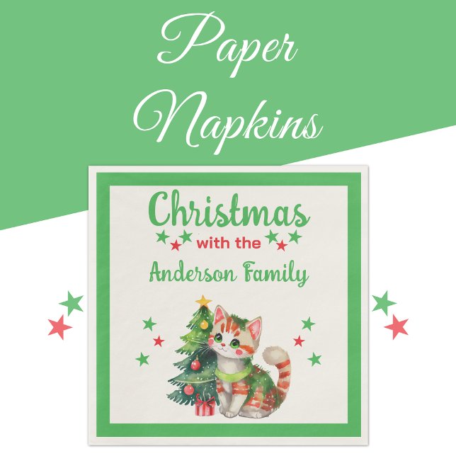 Family name cat tree green red Christmas Napkin (Creator Uploaded)