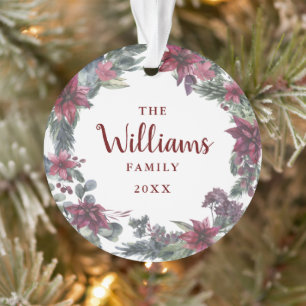 Family Name Christmas Floral Holiday Photo Ornament