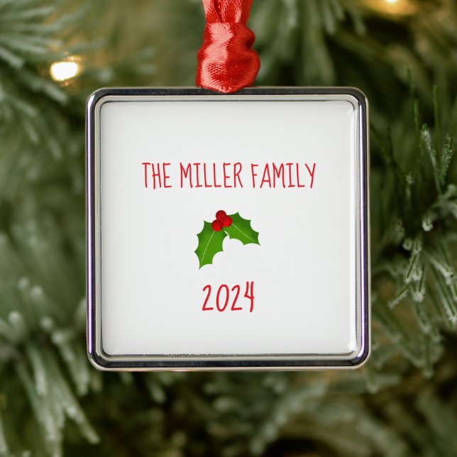 Family NAME Christmas Holly Keepsake YEAR Festive Metal Tree Decoration (Tree)
