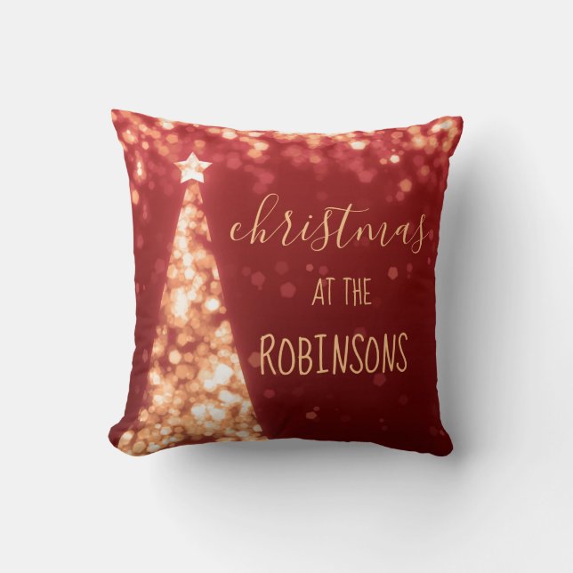 Family Name Christmas Sparkling Trees Red Cushion (Front)