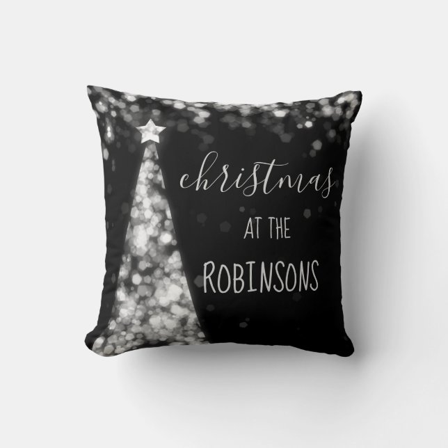 Family Name Christmas Sparkling Trees Silver Cushion (Front)