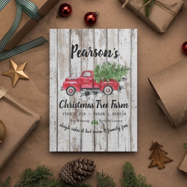 Family Name Christmas Tree Farm 3 Photo Red Truck (Personalized Family Name Vintage Farmhouse Watercolor red truck Christmas Tree Farm Card, 3 photos)