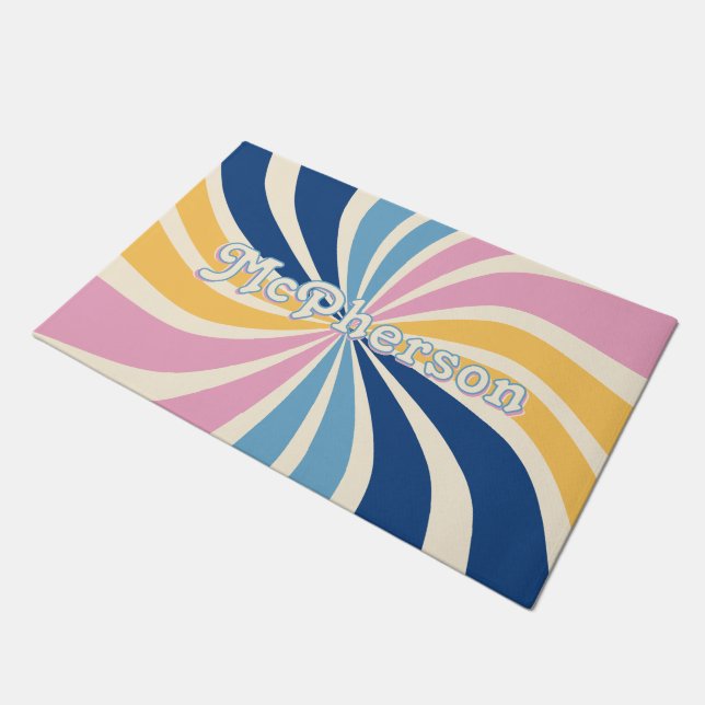 Family Name Colorful 70s Retro Sunburst Doormat (Angled)