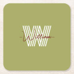 Family name Colourful natural olive green monogram Square Paper Coaster<br><div class="desc">Stylish text for family gift.</div>