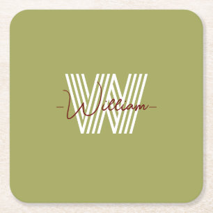 Family name Colourful natural olive green monogram Square Paper Coaster