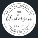 Family Name | Create Your Own Round Bookplate Classic Round Sticker<br><div class="desc">Simple,  clean modern design for your personal library books. This circular bookplate is easy to personalise with your family name. Great gift for any book lover. The typography comprises a modern sans serif typeface in graceful arcs. Your family name appears in centre place in an elegant script font.</div>