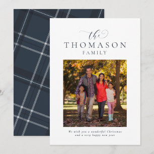 Family name elegant navy blue one-photo Christmas Holiday Card