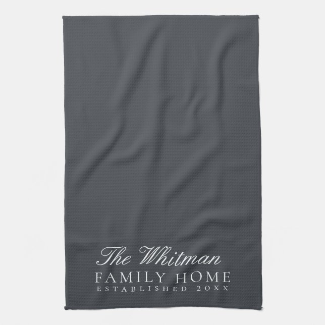 Family Name Elegant Slate Grey Kitchen Tea Towel (Vertical)