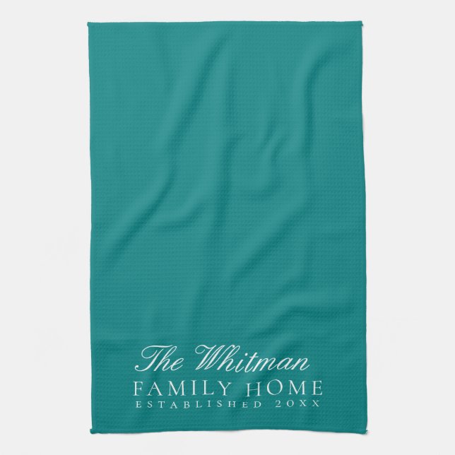 Family Name Elegant Teal Kitchen Tea Towel (Vertical)