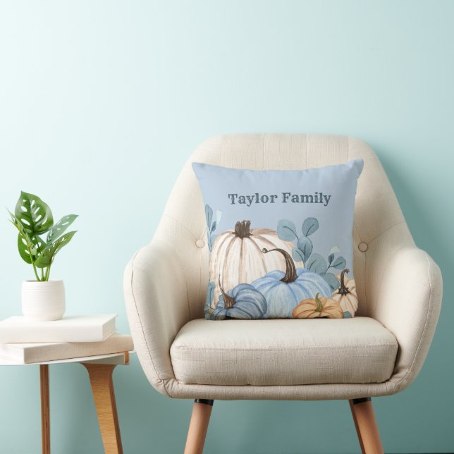 Family Name Fall Farmhouse Blue Grey Pumpkin Patch Cushion (Chair)
