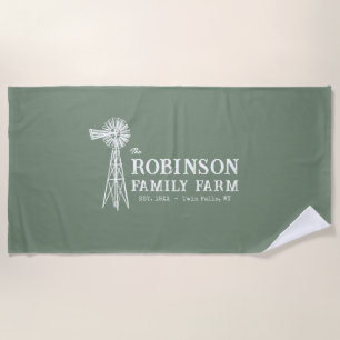 Family Name Farm Rustic Windmill Sage Green Beach Towel
