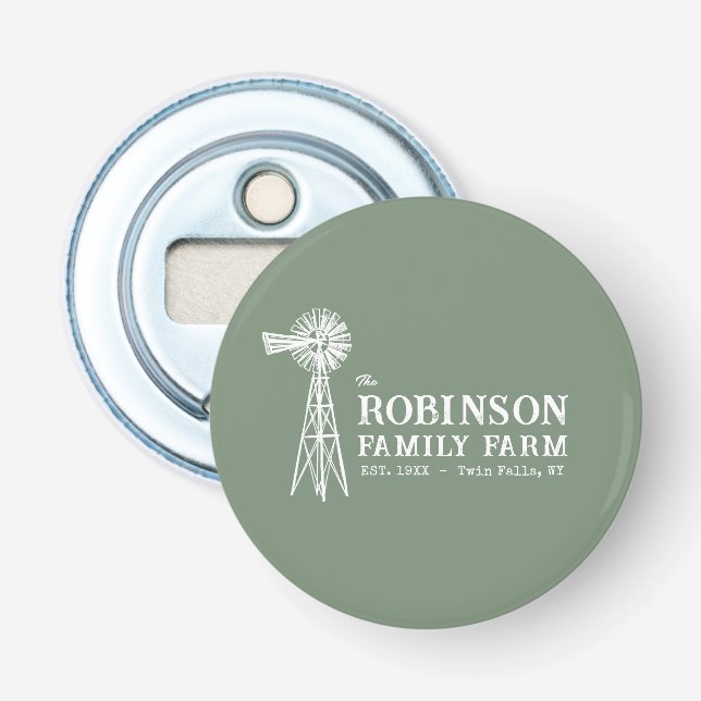 Family Name Farm Rustic Windmill Sage Green Bottle Opener (Front)