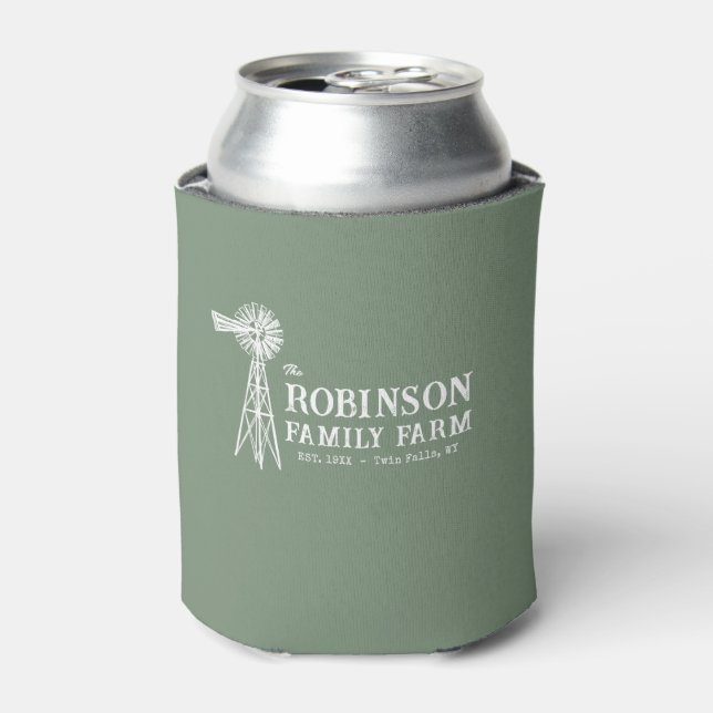 Family Name Farm Rustic Windmill Sage Green Can Cooler (Can Front)