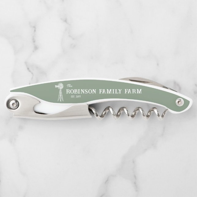 Family Name Farm Rustic Windmill Sage Green Corkscrew (Front)