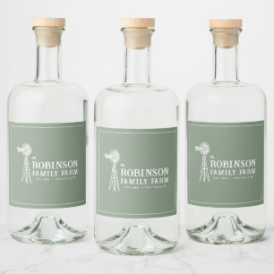 Family Name Farm Rustic Windmill Sage Green Liquor Bottle Label