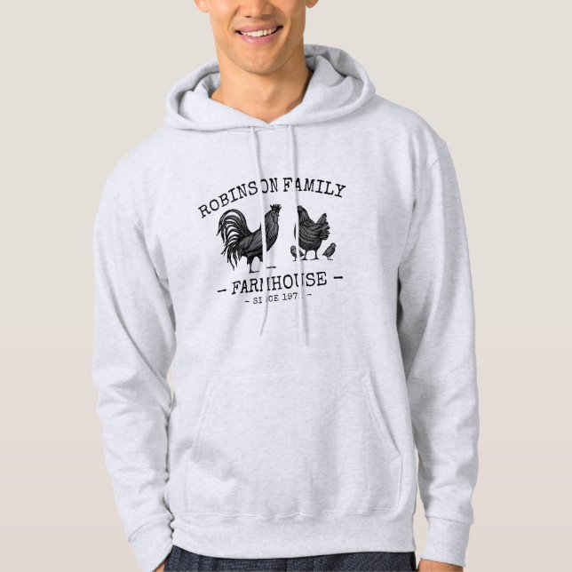 Family Name Farmhouse Hen Chicks Rooster Hoodie (Front)